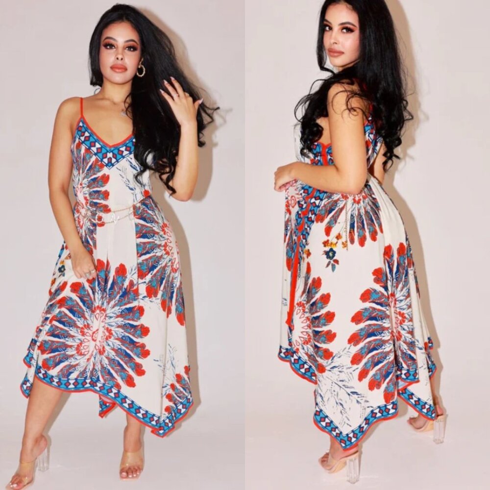 Casilda Feather Printed Hi Lo Midi Dress